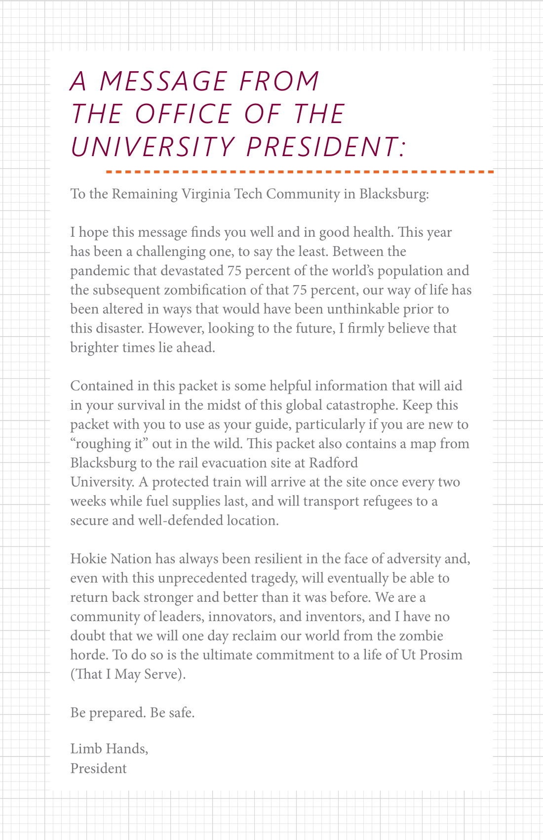 A letter with a white background set on top of a grid.